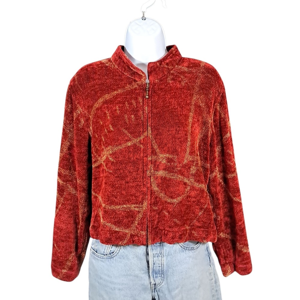 Maude Andrade Handwoven Chenille Jacket Full Zip Red Small Oversize Art USA VTG - Picture 1 of 10